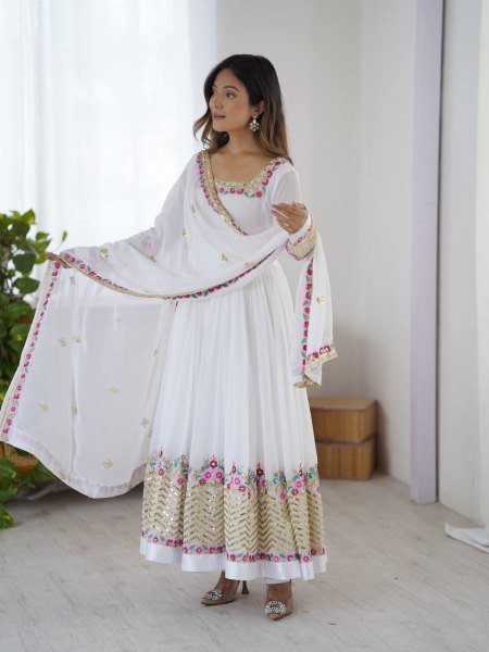 White Heavy Embroidered Anarkali Gown Set Party Collection at Manufacturer Rate Anarkali Kurtis 