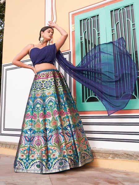 Designer Banarasi Silk Lehenga Choli with Intricate Zari Work Ready Made Blue Lehenga at Wholesale Price for Online Sale 