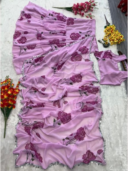 Designer Beautiful Printed double layer  Ruffle Georgette Ready to Wear Saree  Ready To Wear Saree 