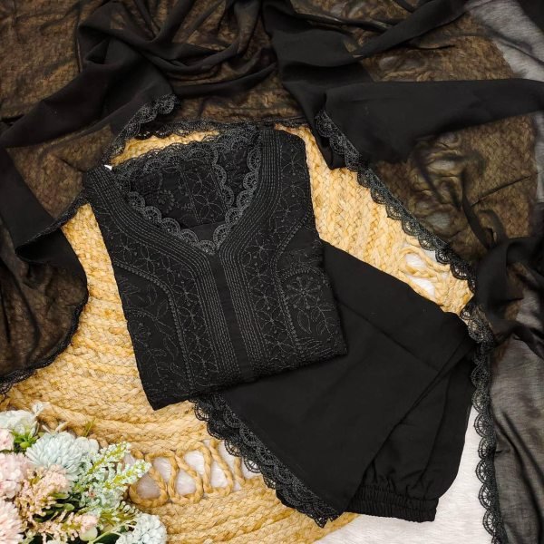 Designer Black Chikankari Embroidery 3 Piece Fox Georgette Kurti Perfect for Party Wear  Lucknowi Chikankari Kurtis Wholesale