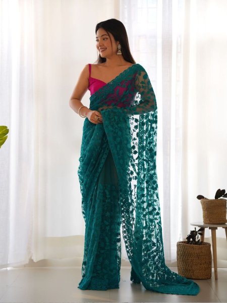 Designer Butterfly Net  Embroidery Work with Rich Pallu  Net Sarees Wholesale