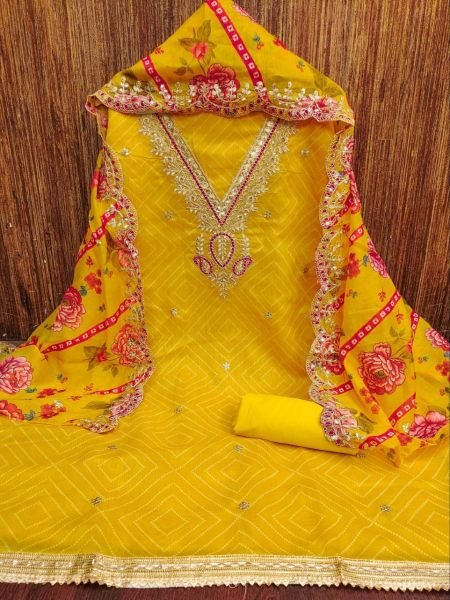 Designer Chanderi Digital Print Dress Material for Women Unstitched Suit Set with Heavy Kodding Work and Dupatta Set Color Set Matching Dress Material Wholesale