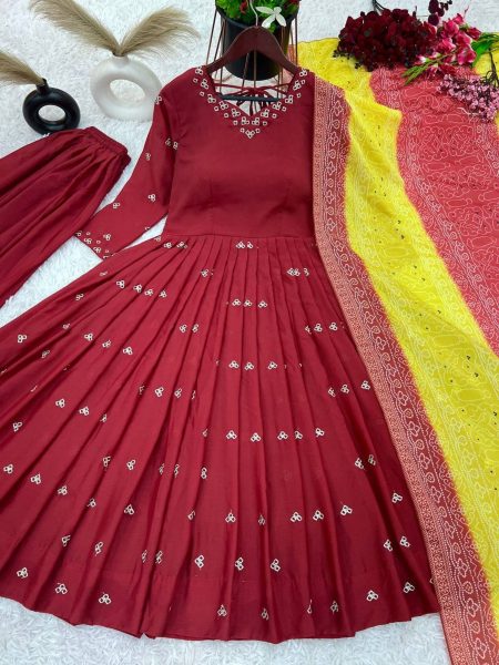 Designer Chinnon Silk Gown With Flair Plazzo And Digital Print Dupatta Ready To Wear Collection