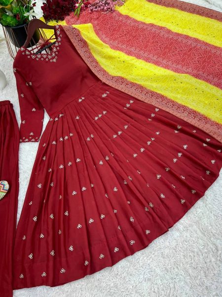 Designer Chinnon Silk Gown With Flair Plazzo And Digital Print Dupatta Ready To Wear Collection