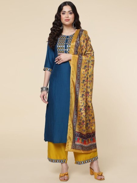Designer Chinon Embroidered Kurti Plazzo Set  3 Piece Kurti Set