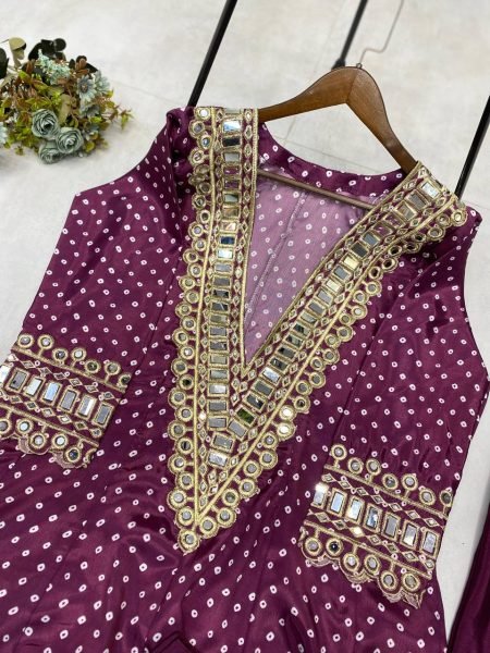 Designer Chinon Kurti Set Digital Print with Real Mirror   Embroidery 3 Piece Ethnic Wear from Sura 3 Piece Kurti Set