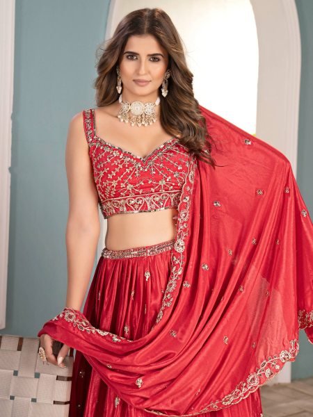 Designer Chinon Lehenga Choli with Heavy Embroidery and Cancan Bridal Special 