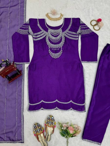 Designer Chinon Silk Kurti with Dupatta and pant  Kurti With Bottom Wholesale