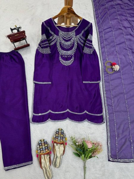 Designer Chinon Silk Kurti with Dupatta and pant  Kurti With Bottom Wholesale