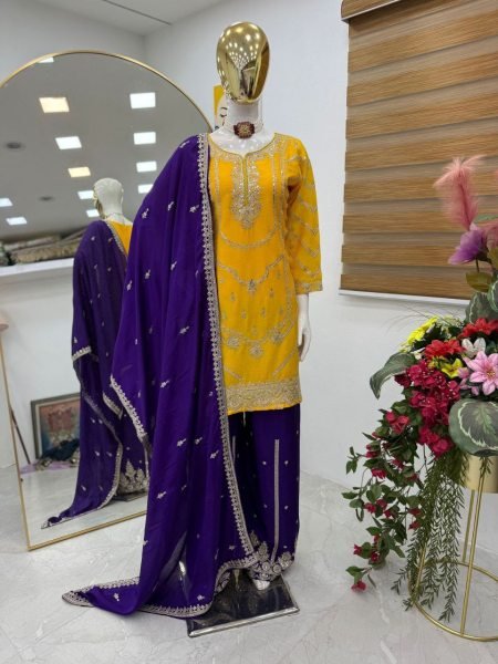 Designer Chinon Silk Plazzo Suit with Cording Sequin Embroidery Festive  Wedding Ready Ready To Wear Collection