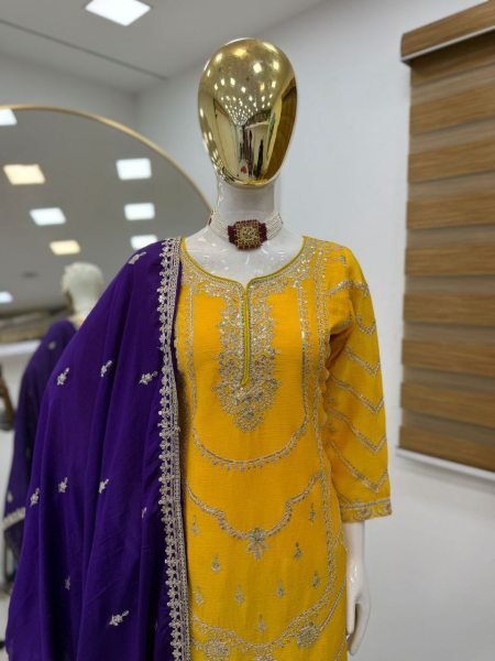 Designer Chinon Silk Plazzo Suit with Cording Sequin Embroidery Festive  Wedding Ready Ready To Wear Collection