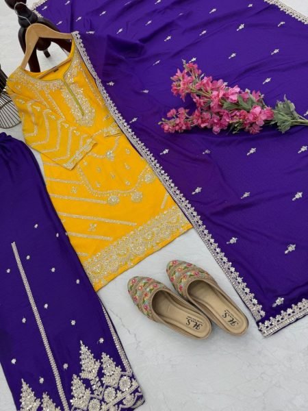 Designer Chinon Silk Plazzo Suit with Cording Sequin Embroidery Festive  Wedding Ready Ready To Wear Collection