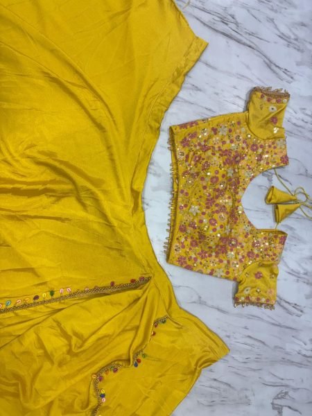 Designer Chinon Silk Ruffle Lehenga Saree with Attached Dupatta   Heavy Embroidered Blouse Ready to Wear Best Deal for Exporters Ready To Wear Saree 