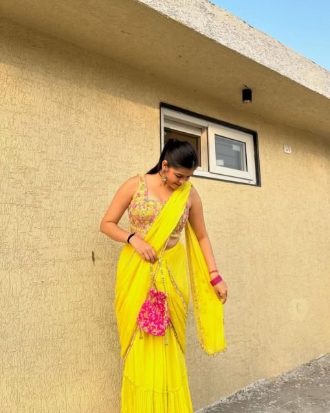 Designer Chinon Silk Ruffle Lehenga Saree with Attached Dupatta   Heavy Embroidered Blouse Ready to Wear Best Deal for Exporters Ready To Wear Saree 