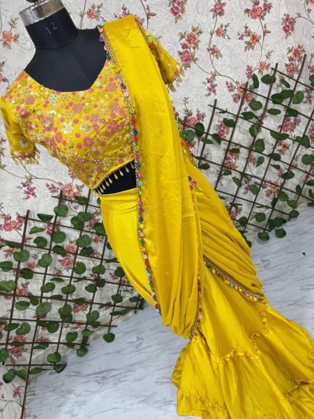Designer Chinon Silk Ruffle Lehenga Saree with Attached Dupatta   Heavy Embroidered Blouse Ready to Wear Best Deal for Exporters Ready To Wear Saree 