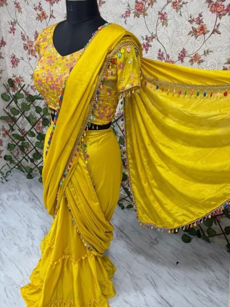 Designer Chinon Silk Ruffle Lehenga Saree with Attached Dupatta   Heavy Embroidered Blouse Ready to Wear Best Deal for Exporters Ready To Wear Saree 