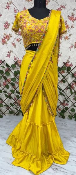 Designer Chinon Silk Ruffle Lehenga Saree with Attached Dupatta   Heavy Embroidered Blouse Ready to Wear Best Deal for Exporters Ready To Wear Saree 