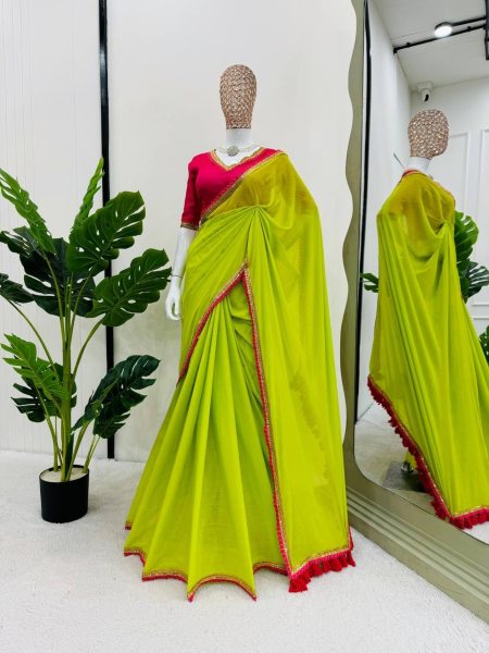 Designer Cotton Saree With Fancy Lace And Latkan On Pallu Cotton Sarees Wholesale