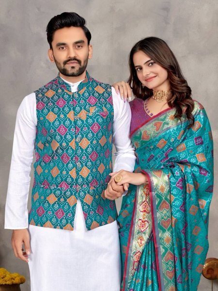 Designer Couple Combo Weaving Work Saree with Mens Kurta Pajama & Jacquard Jacket for Resellers Couple Combo collection 