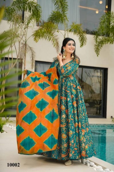 Designer Digital Gown in Tabby Silk Flared Look with Contrast Dupatta Set Anarkali Kurtis 