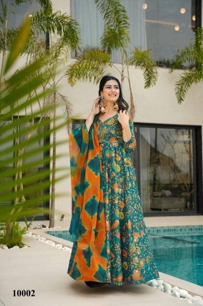 Designer Digital Gown in Tabby Silk Flared Look with Contrast Dupatta Set Anarkali Kurtis 
