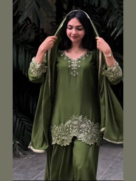 Elegant Green Chinon Silk Embroidered Suit Set with Dupatta Ready to Wear for Festive Celebrations 