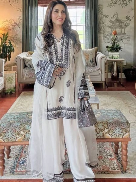 Elegant French Crepe Farshi Suit in Black   White with Sequin Work Perfect for Celebrations 