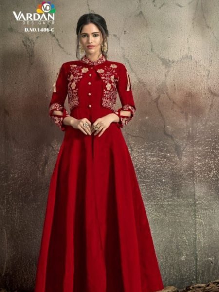 Designer Embroidered Taffeta Silk Party Wear Red Gown  