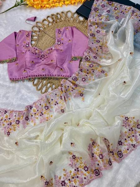 Designer Embroidery Saree – Gold Crush Silk with Thread & Sequin Detailing Included Stitched Blouse  