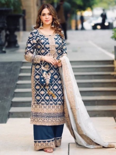 Designer Faux Georgette Embroidered Top and Plazzo with Dupatta for Party Wear  