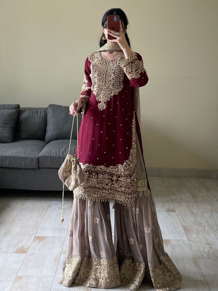 Designer Faux Georgette Suit with Sharara   Dupatta   Stunning Sequins  Pearl   Lace Detailing Ready To Wear Suit