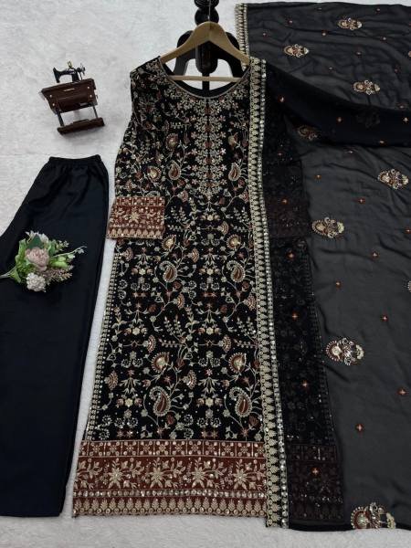 Designer Faux Georgette Top  Pant   Dupatta Set with Real Diamond Work  Ready To Wear Collection