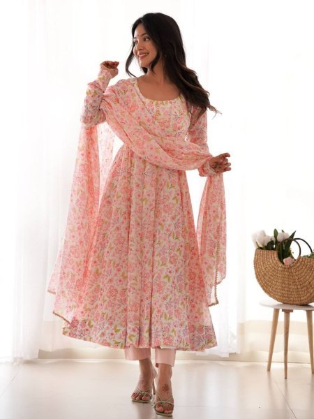 Designer Floral Chiffon Anarkali Dress for Women Fully Flared Style with Dupatta and Cotton Silk Pant Bulk Deal for Resellers 