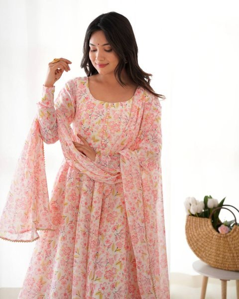 Designer Floral Chiffon Anarkali Dress for Women Fully Flared Style with Dupatta and Cotton Silk Pant Bulk Deal for Resellers Anarkali Kurtis 
