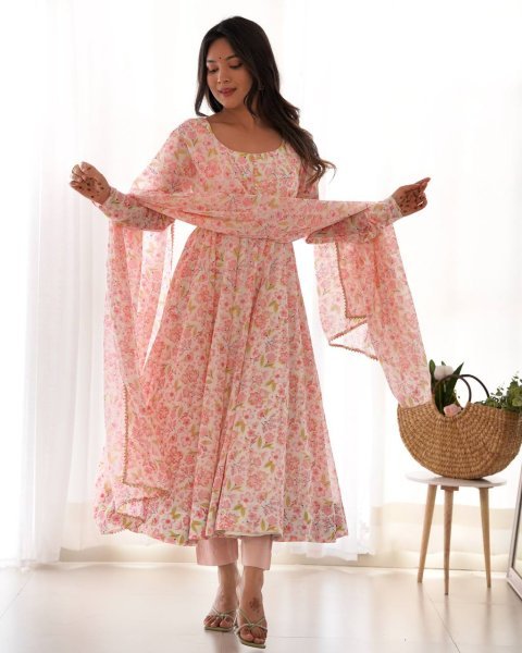 Designer Floral Chiffon Anarkali Dress for Women Fully Flared Style with Dupatta and Cotton Silk Pant Bulk Deal for Resellers Anarkali Kurtis 