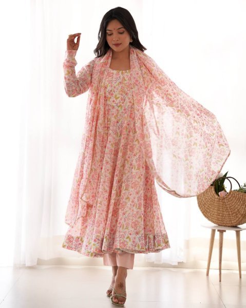 Designer Floral Chiffon Anarkali Dress for Women Fully Flared Style with Dupatta and Cotton Silk Pant Bulk Deal for Resellers Anarkali Kurtis 