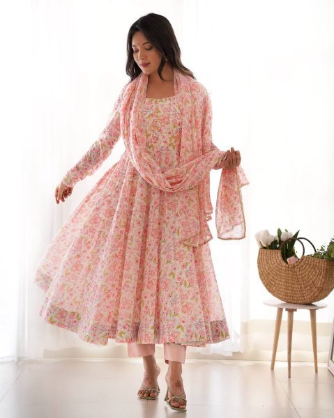 Designer Floral Chiffon Anarkali Dress for Women Fully Flared Style with Dupatta and Cotton Silk Pant Bulk Deal for Resellers Anarkali Kurtis 