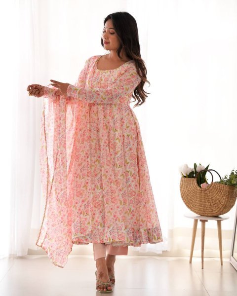 Designer Floral Chiffon Anarkali Dress for Women Fully Flared Style with Dupatta and Cotton Silk Pant Bulk Deal for Resellers Anarkali Kurtis 