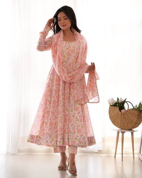 Designer Floral Chiffon Anarkali Dress for Women Fully Flared Style with Dupatta and Cotton Silk Pant Bulk Deal for Resellers Anarkali Kurtis 