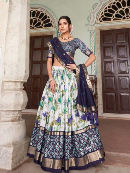 Festive Navy Blue Tussar Silk Lehenga Choli Patola Print with Floral Foil Fusion 