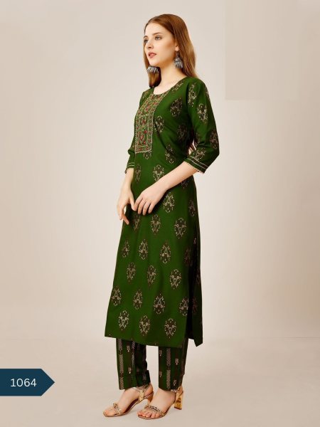 Designer Foil Print Reyon Kurti & Pant  Straight Cut Long Kurtis