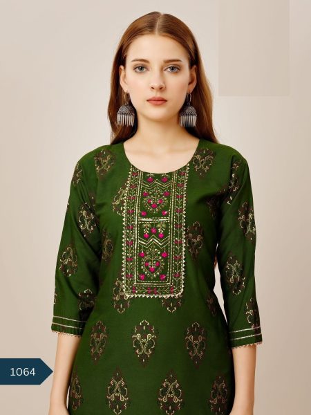 Designer Foil Print Reyon Kurti & Pant  Straight Cut Long Kurtis