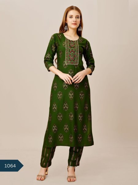 Designer Foil Print Reyon Kurti & Pant  Straight Cut Long Kurtis