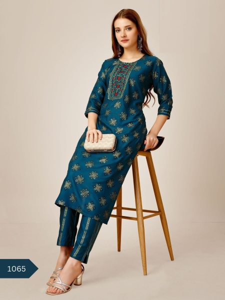 Designer Foil Print Reyon Kurti & Pant  Straight Cut Long Kurtis