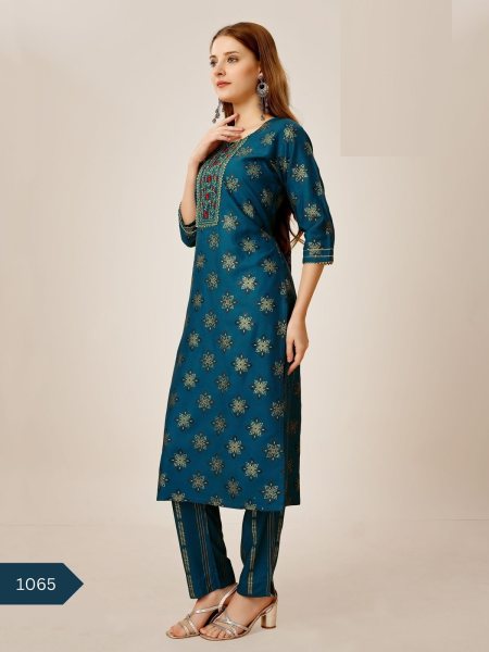 Designer Foil Print Reyon Kurti & Pant  Straight Cut Long Kurtis