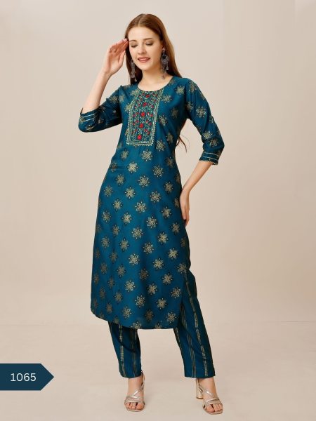 Designer Foil Print Reyon Kurti & Pant  Straight Cut Long Kurtis