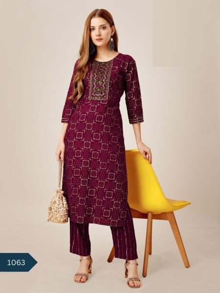 Designer Foil Print Reyon Kurti & Pant  Straight Cut Long Kurtis