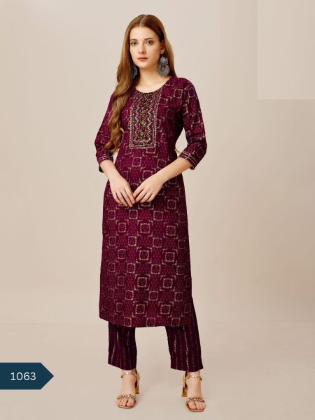 Designer Foil Print Reyon Kurti & Pant  Straight Cut Long Kurtis