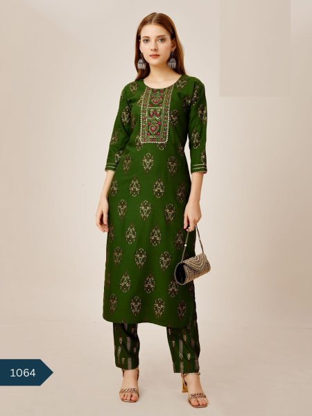 Designer Foil Print Reyon Kurti & Pant  Straight Cut Long Kurtis