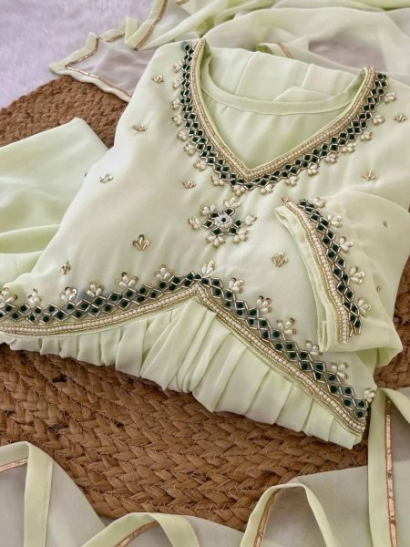 Designer Fox Georgette 3PC Aliya Cut Kurti Set Embellished Gown with Gota Lace Dupatta Ready to Wear Party Wear at Affordable Price 